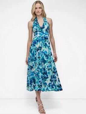 DKNY Blue Halter Maxi Dress Size 12 Tie Dye Print Plunge Neck Backless Summer